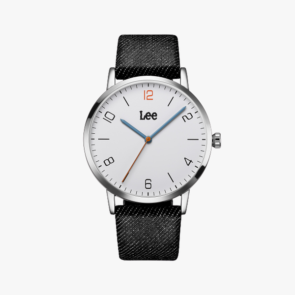 Lee นาฬิกาข้อมือ ผู้ชาย สไตล์มินิมอล LEF-M153ASV1-71 แบรนด์แท้ USA สายยีนส์สีดำพร้อมสายสแตนเลสสีเงิน กันน้ำ ระบบอนาล็อก