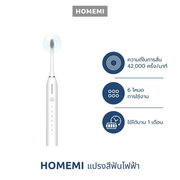 Homemi Electric Power Toothbrush รุ่น HM0013-P-WH แปรงสีฟันไฟฟ้าระบบอัลตราโซนิก สีขาว
