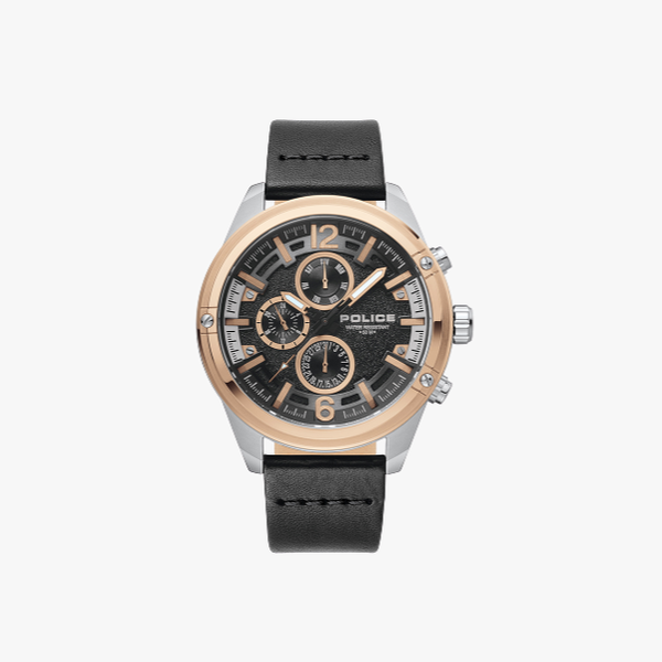Police multifunction black leather watch